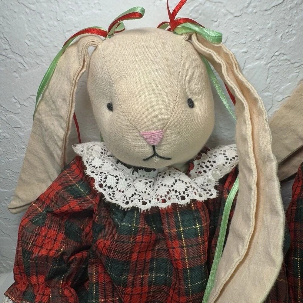Vintage Cotton‎ Christmas Bunny Dolls Boy Girl Plaid Outfit 17